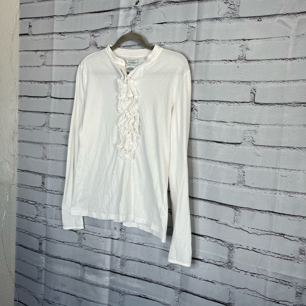 Vintage Lauren Jeans Co Ralph Lauren White Cotton Ruffle Half-Button Blouse L - Picture 8 of 14